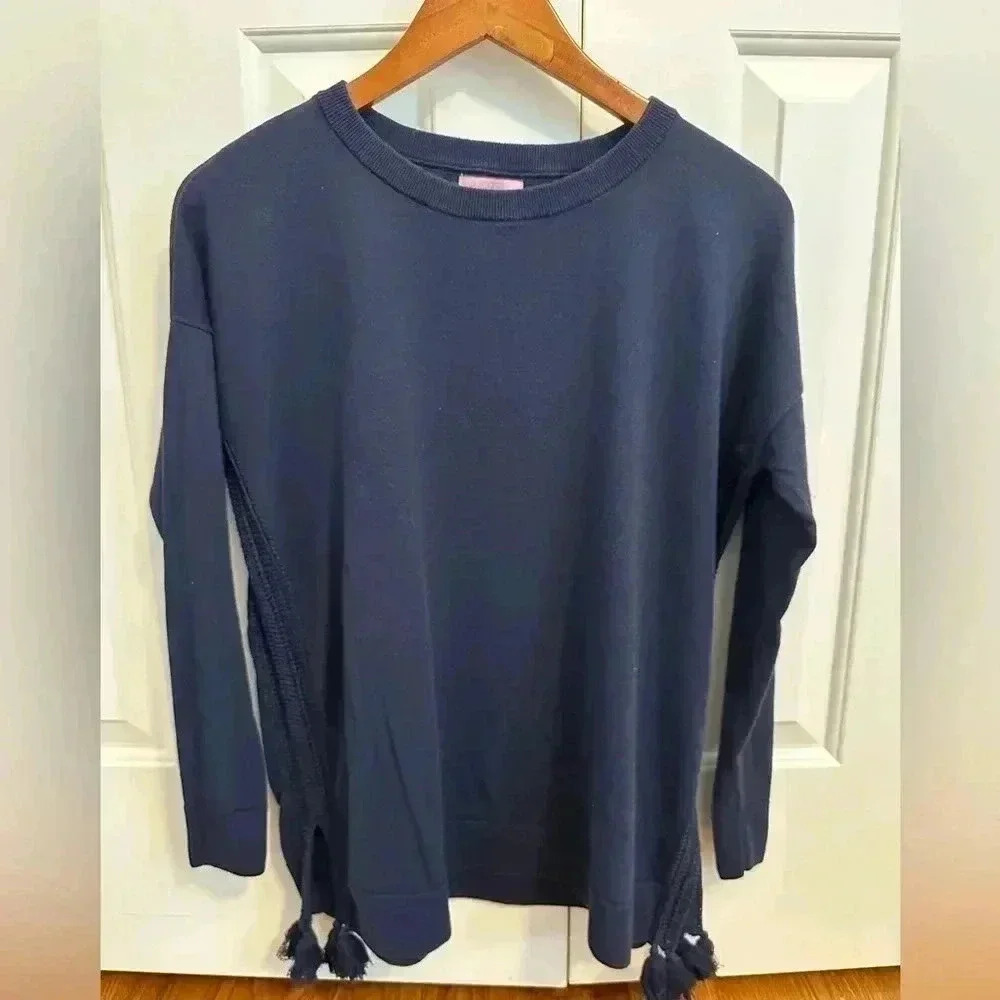 LILLY PULITZER Coolmax Damara Sweater Crochet Side Tassels Blue Women Size S